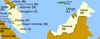 J: Johor, K: Kedah, D: Kelantan, L: Labuan, M: Melaka,
N: Negeri Sembilan, C: Pahang, A: Perak, R: Perlis,
P: Pulau Pinang, S: Sabah, Q: Sarawak, B: Selangor,
T: Terengganu, W: Wilayah Persektuan Kuala Lumpur